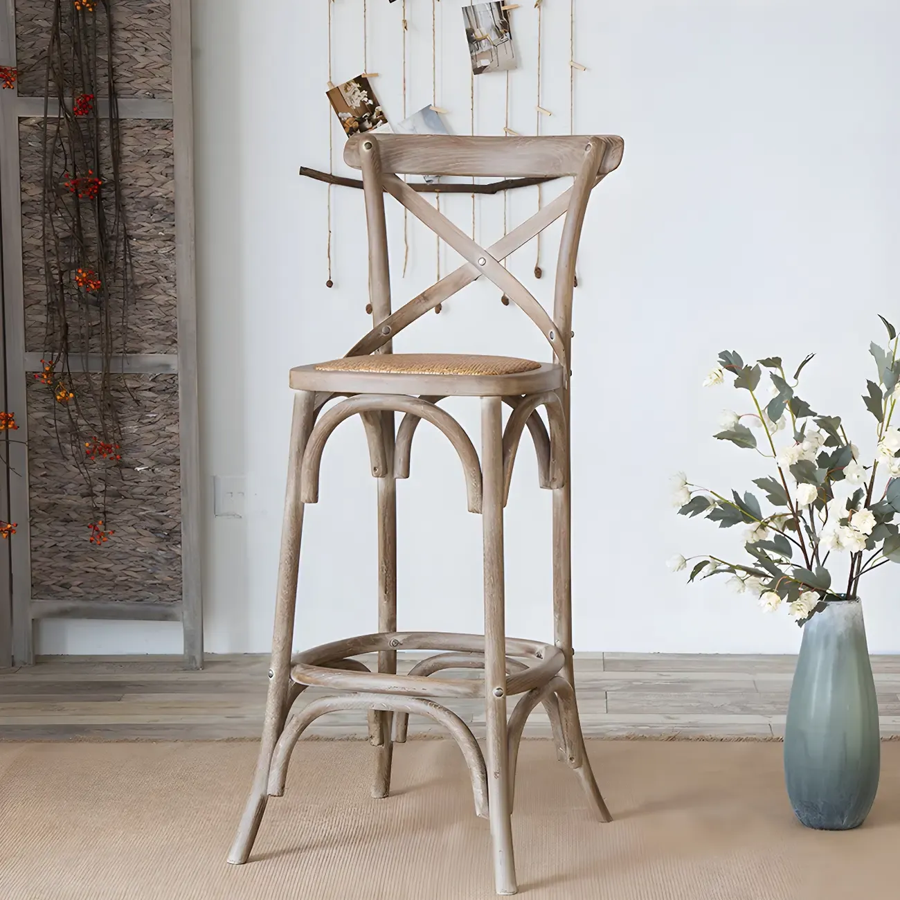 Rustic Solid Wood Wicker Cross Back Bar Stool in Brown/ Grey