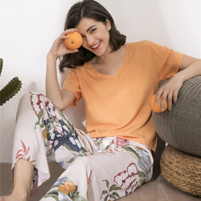 Breathable 2PCS Pajama Short Sleeve Printed Pijama Mujer Femme Loose Nightwear Suit Female Casual Homewear Pajama Set For Women - Deanwangkt