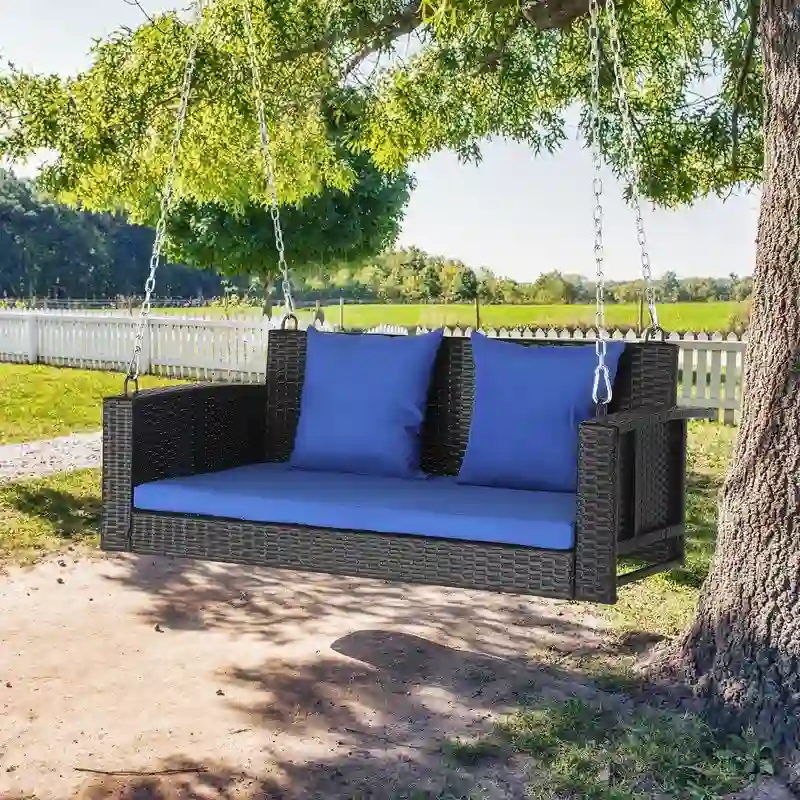 Outdoor 2-Person Wicker Porch Swing Bench with Cushion
