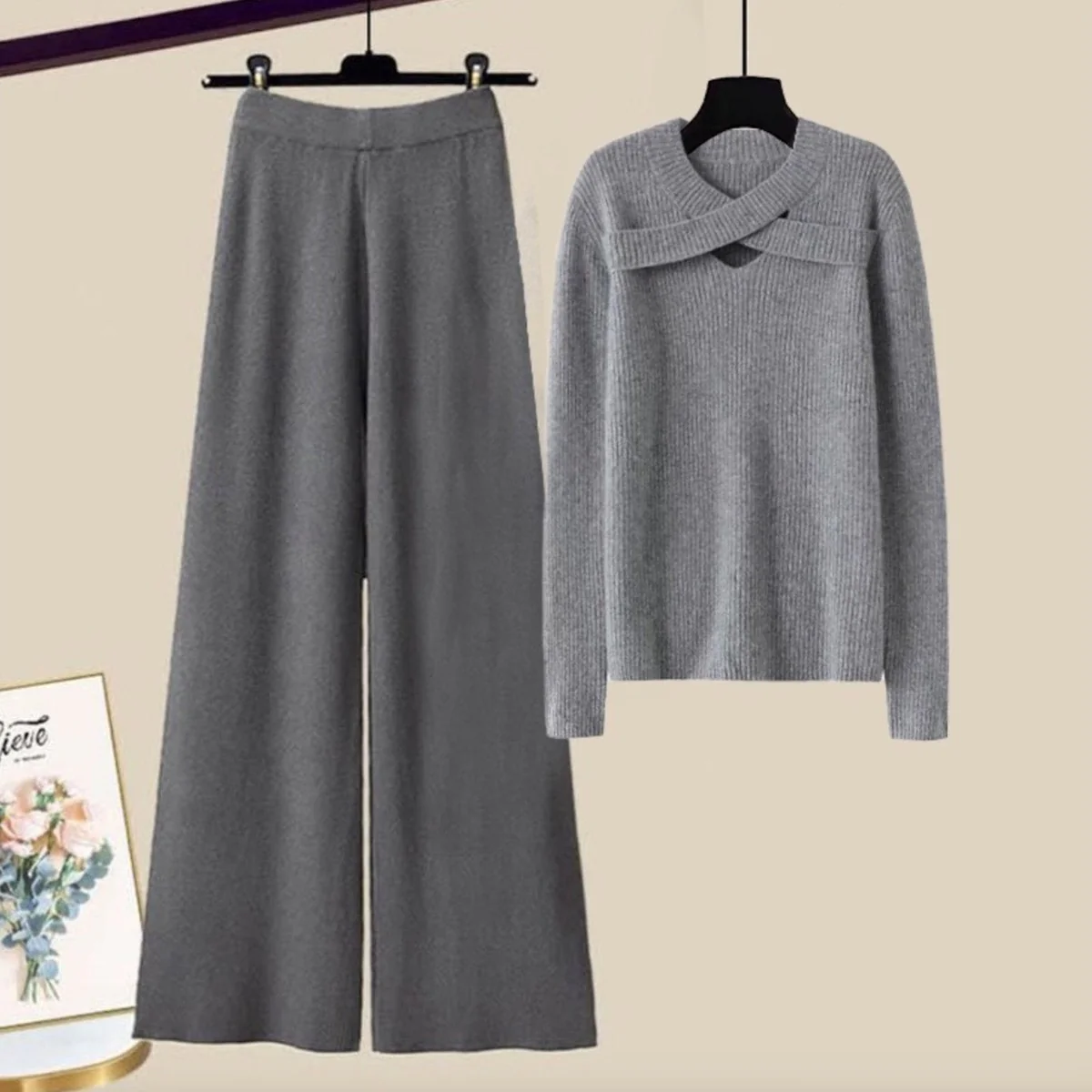 Grey Long Sleeve Plain Two Piece Set