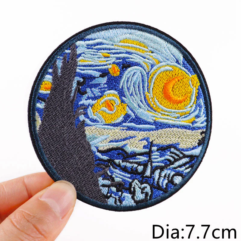 HULIANFU Van Gogh Embroidered Patches on Clothes DIY Cartoon Wave Applique Clothing Thermoadhesive Patches for Clothing DIY - Deanwangkt
