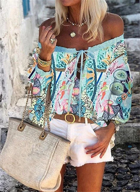 Sexy Women Spring Autumn Ruffles Chiffon Tops Tees Floral Plus Size Belt Off Shoulder Casual Femme Blouse Shirt Befree Boho - Deanwangkt