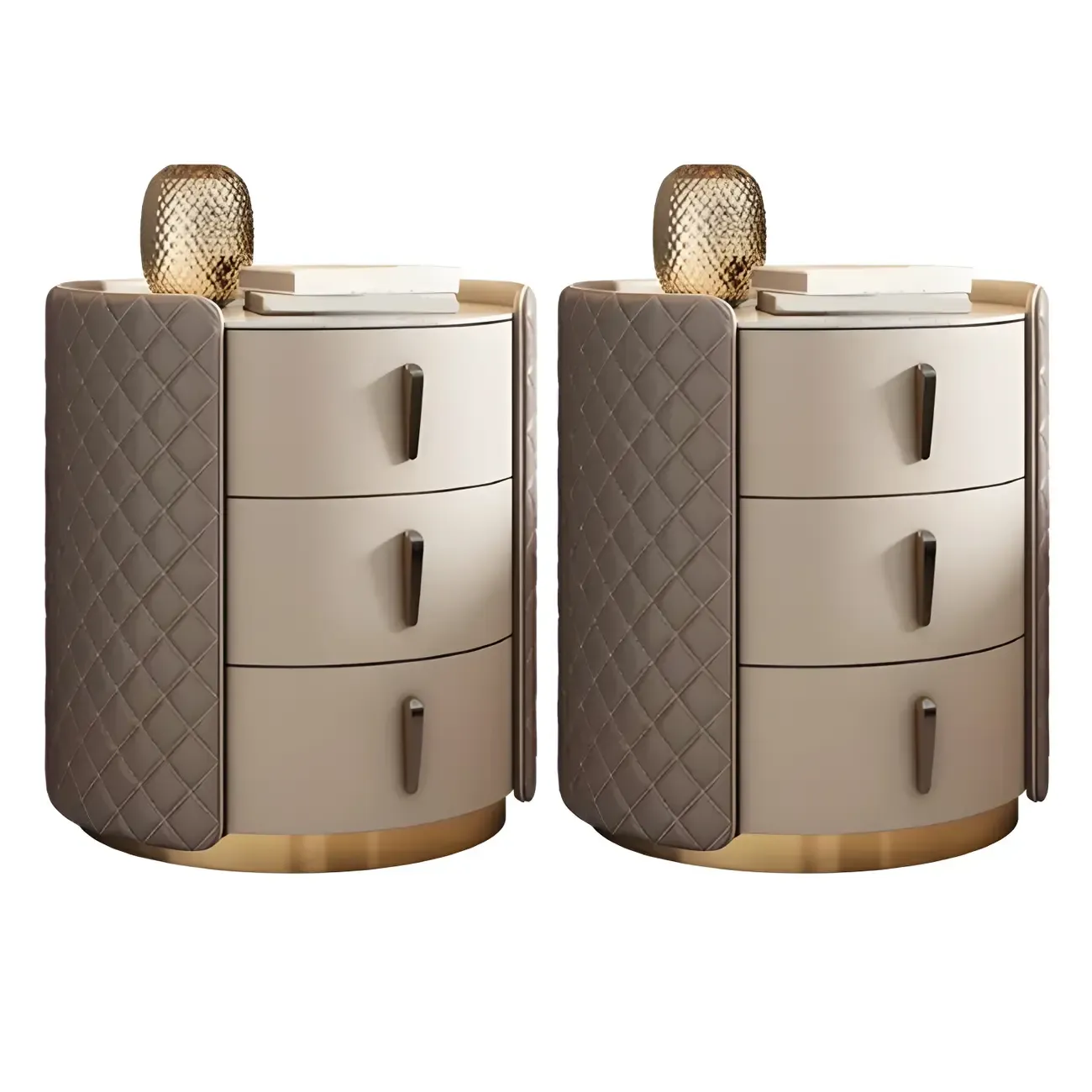 Modern Beige Faux Leather Nightstand with Drawers