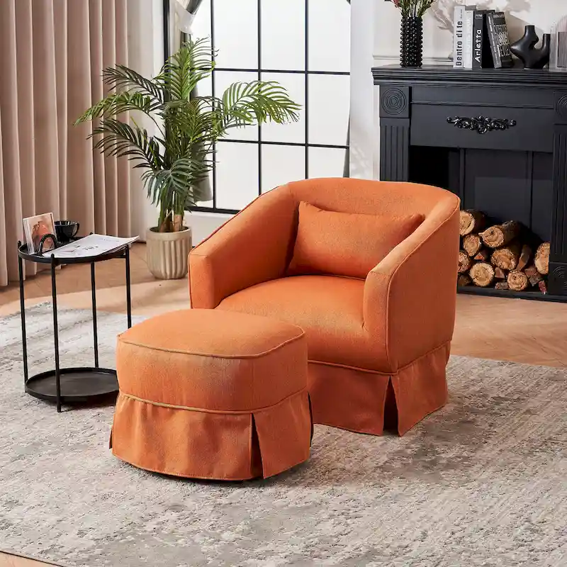 Swivel Barrel Chair With Ottoman, Swivel Accent Chairs Armchair, Reading Chairs, Round Barrel Chairs with Black Metal Base