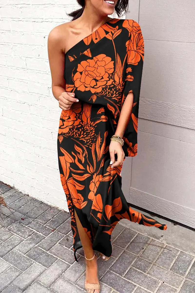 hulianfu - Casual Print One Shoulder Waist Skirt Dresses(5 Colors) - Deanwangkt