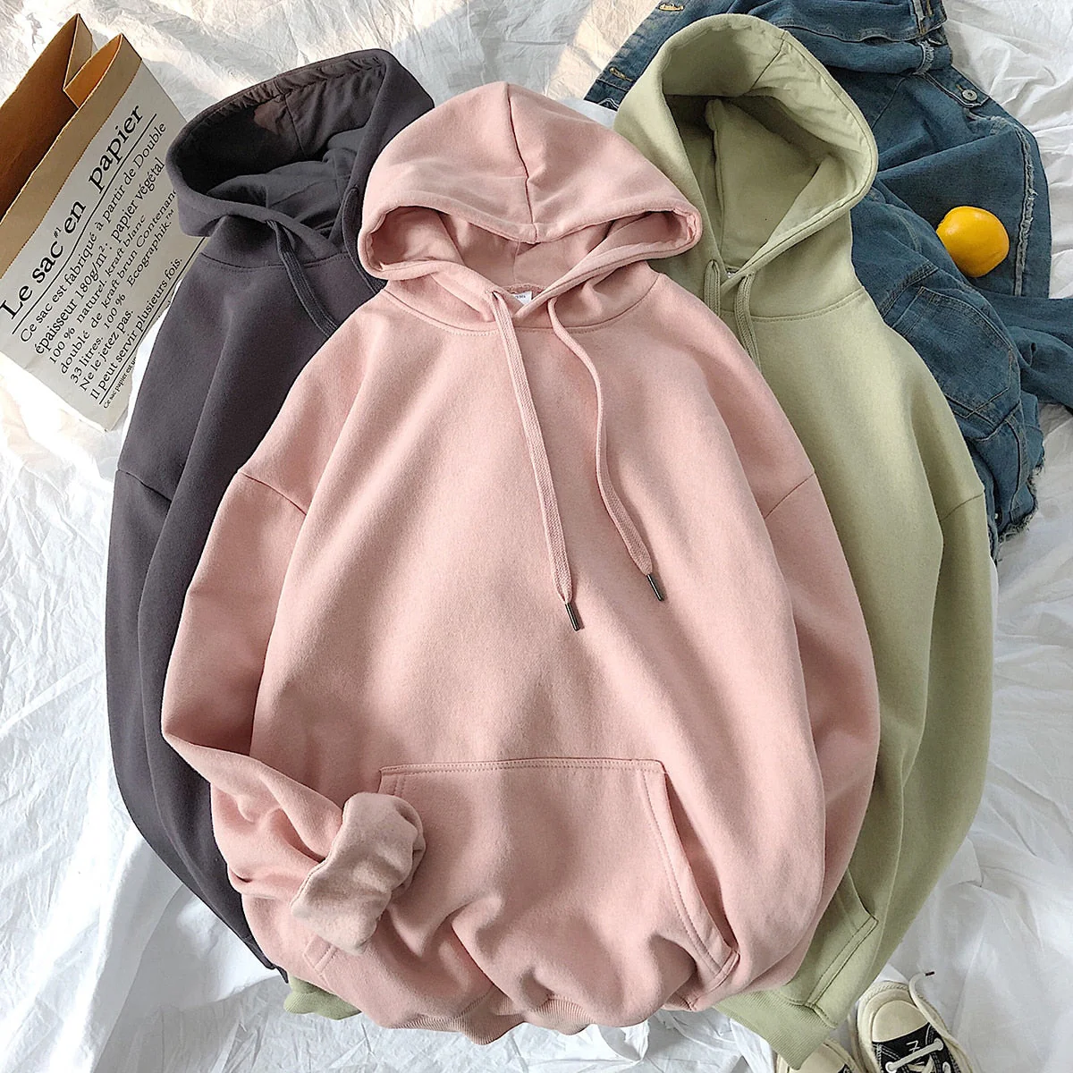 hulianfu Woman's Sweatshirts Solid Drop Shoulder Korean Female Hooded Pullovers  Thicken Warm Oversized Hoodies Women - Deanwangkt
