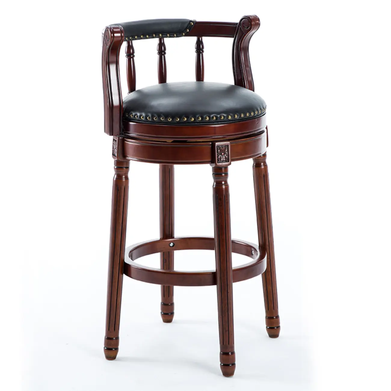 Swivel Counter Height Bar Stools in Genuine Leather & Walnut Solid Wood