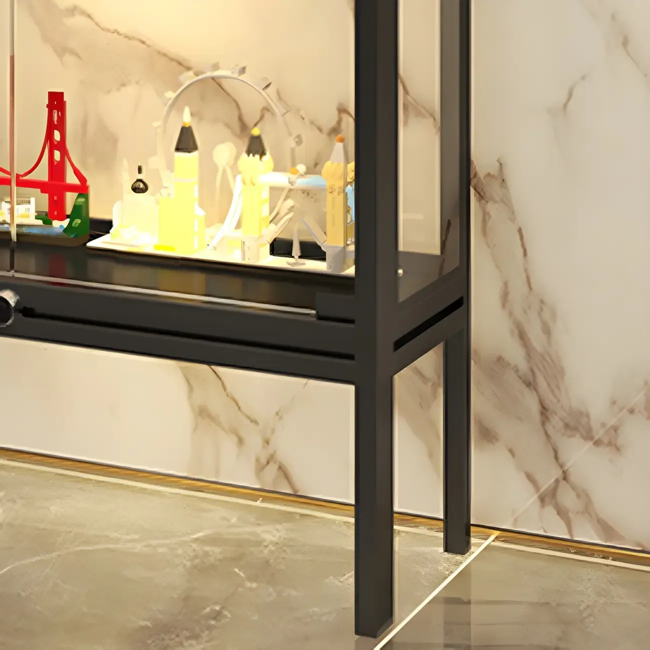 Glam Clear Glass Shelf Black Metal Frame Curio Cabinet