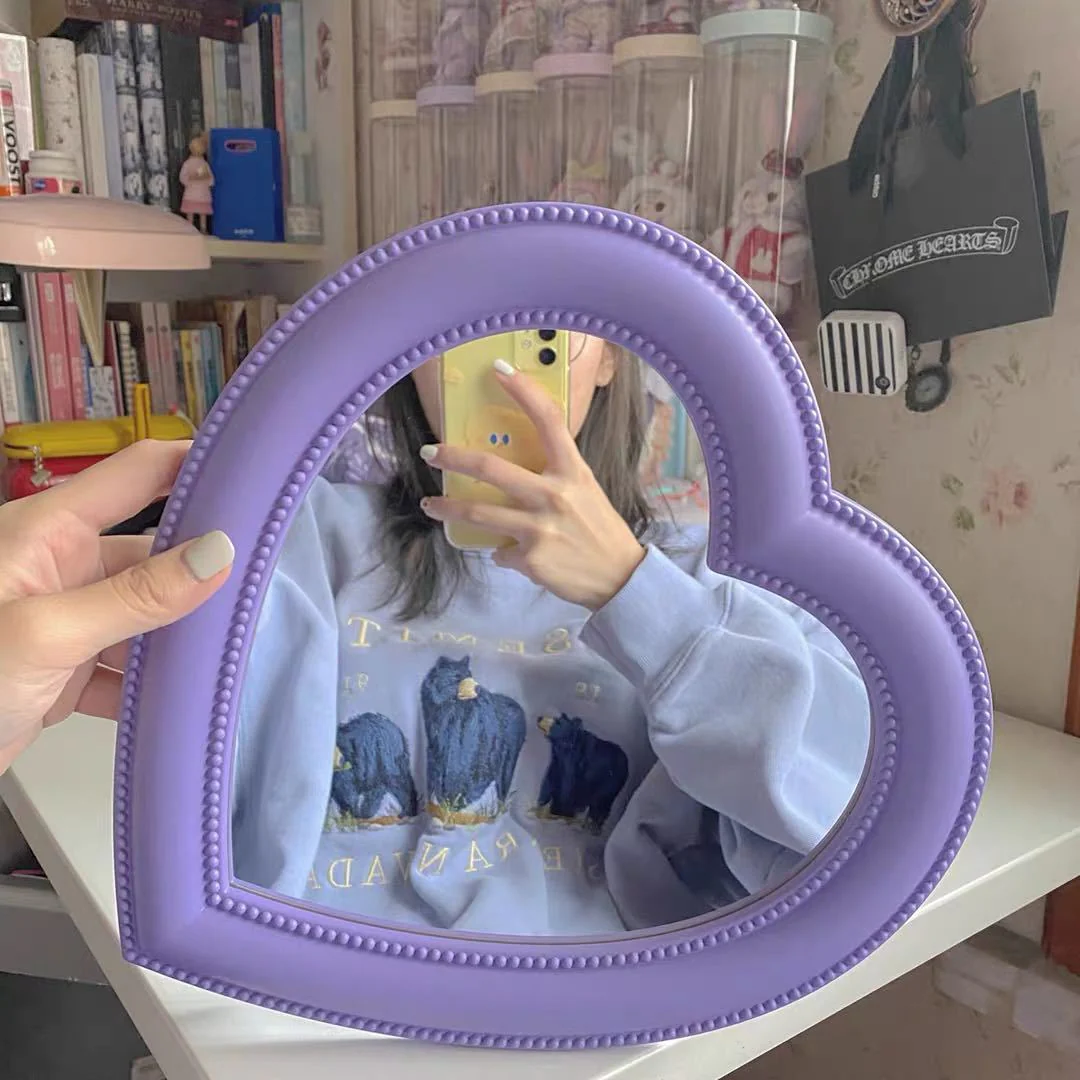 HULIANFU Ins Love Heart Cosmetic Mirror Wall Hanging Dormitory Dressing Mirror Pink White Korean Living Room Decorative Mirrors For Girls - Deanwangkt
