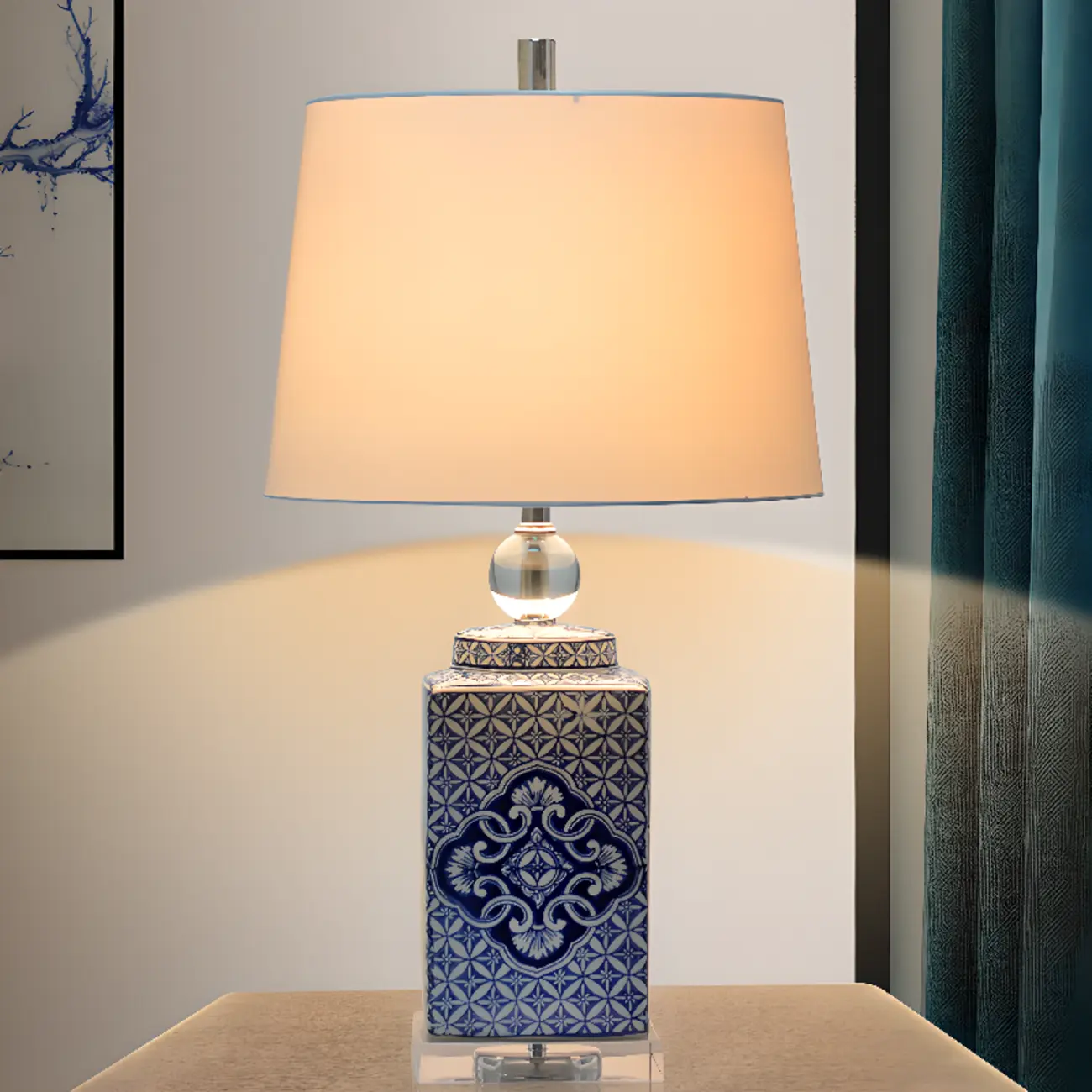 Blue Traditional Ceramic Table Lamp with Fabric Shade