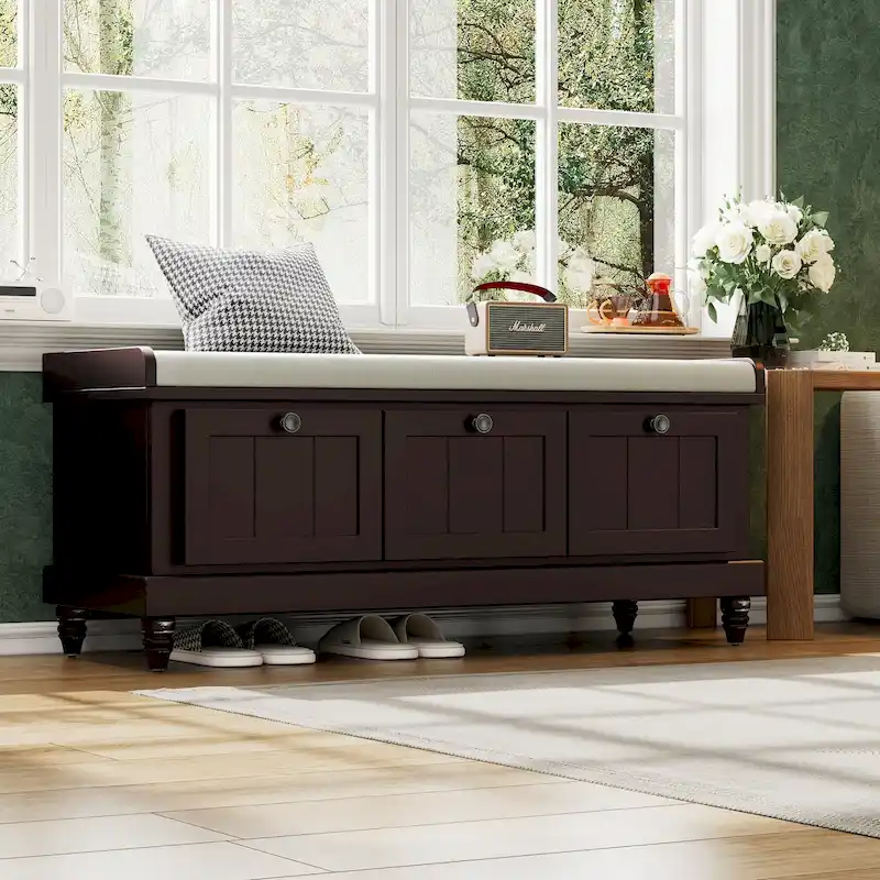 Classic Fluted Shoe Bench with Cushion & 3 Drawers