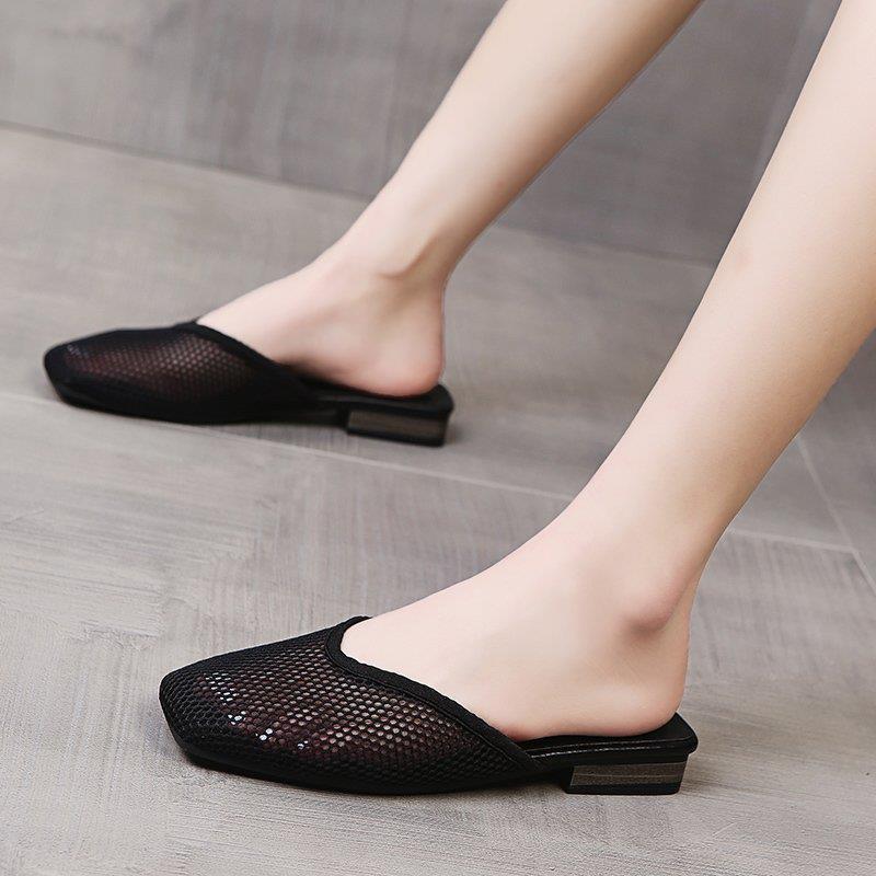 Square Toe Flat Slippers Summer Comfy Breathable Slides Outside Fashion Baotou Half Drag Shoes for Women Sapatilha Feminina - Deanwangkt
