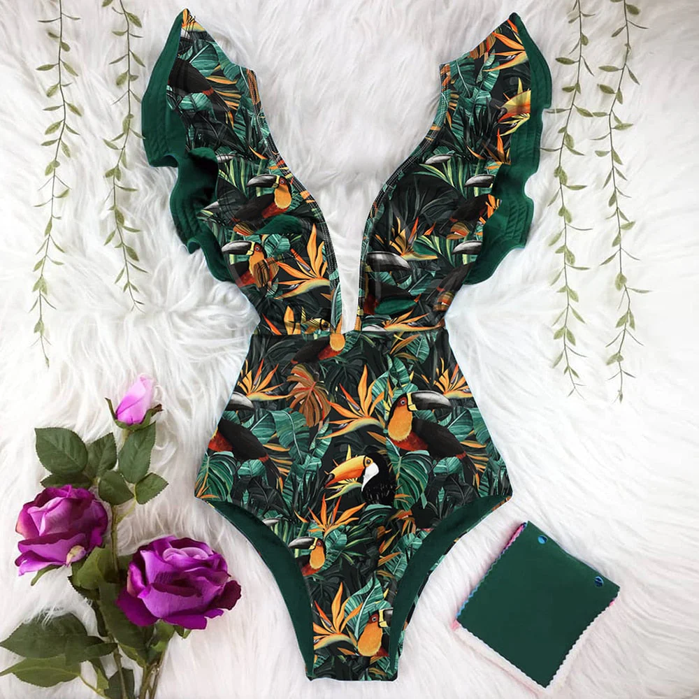 New Sexy Ruffle Print Floral One Piece Swimsuit Off The Shoulder Swimwear Women Solid Deep-V Beachwear Bathing Suit Monkini - Deanwangkt