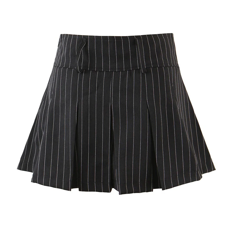 Hulianfu New Spring Summer Chic Vintage Preppy Style Striped High-Waist Pleated Mini Skirt Thin Hot Girl A-Line Skirt Women Fashion - Deanwangkt