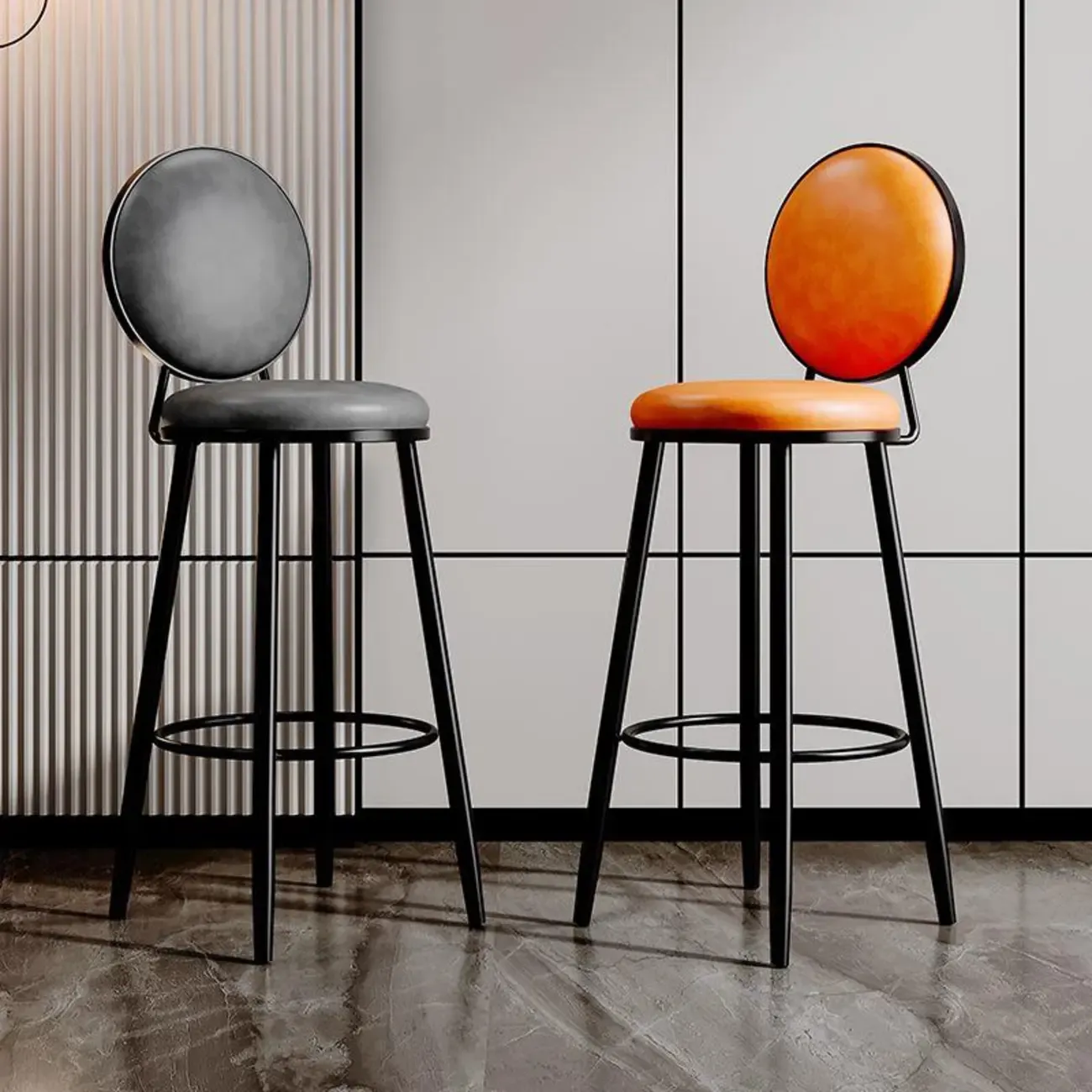 Modern Faux Leather Round Metal Frame Bar Stools for Home Bar