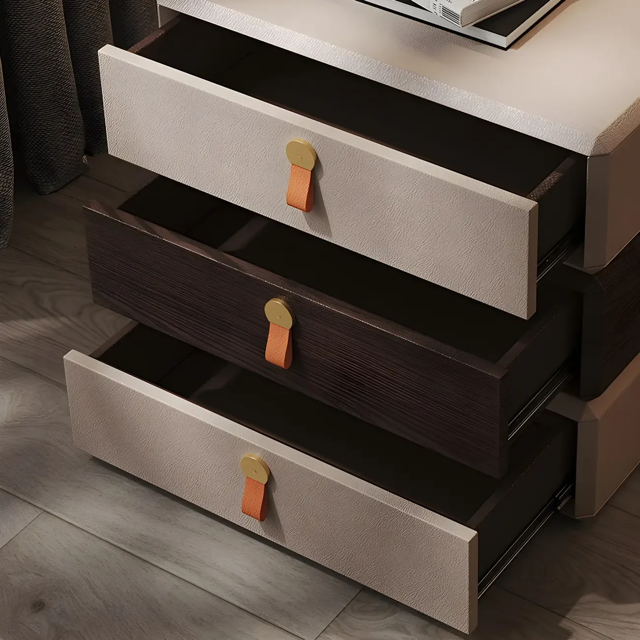 Stacked Beige Wood 3 Drawers Narrow Nightstand