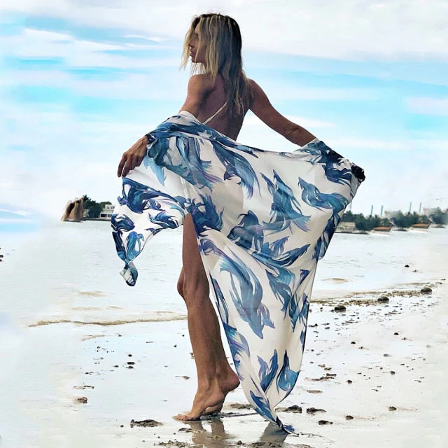 Leaves Print Bikini Beach Cover up Tunics for Beach Long Kaftan Bikini Cover up Robe de Plage Sarong Beach Swimsuit cover-ups - Deanwangkt