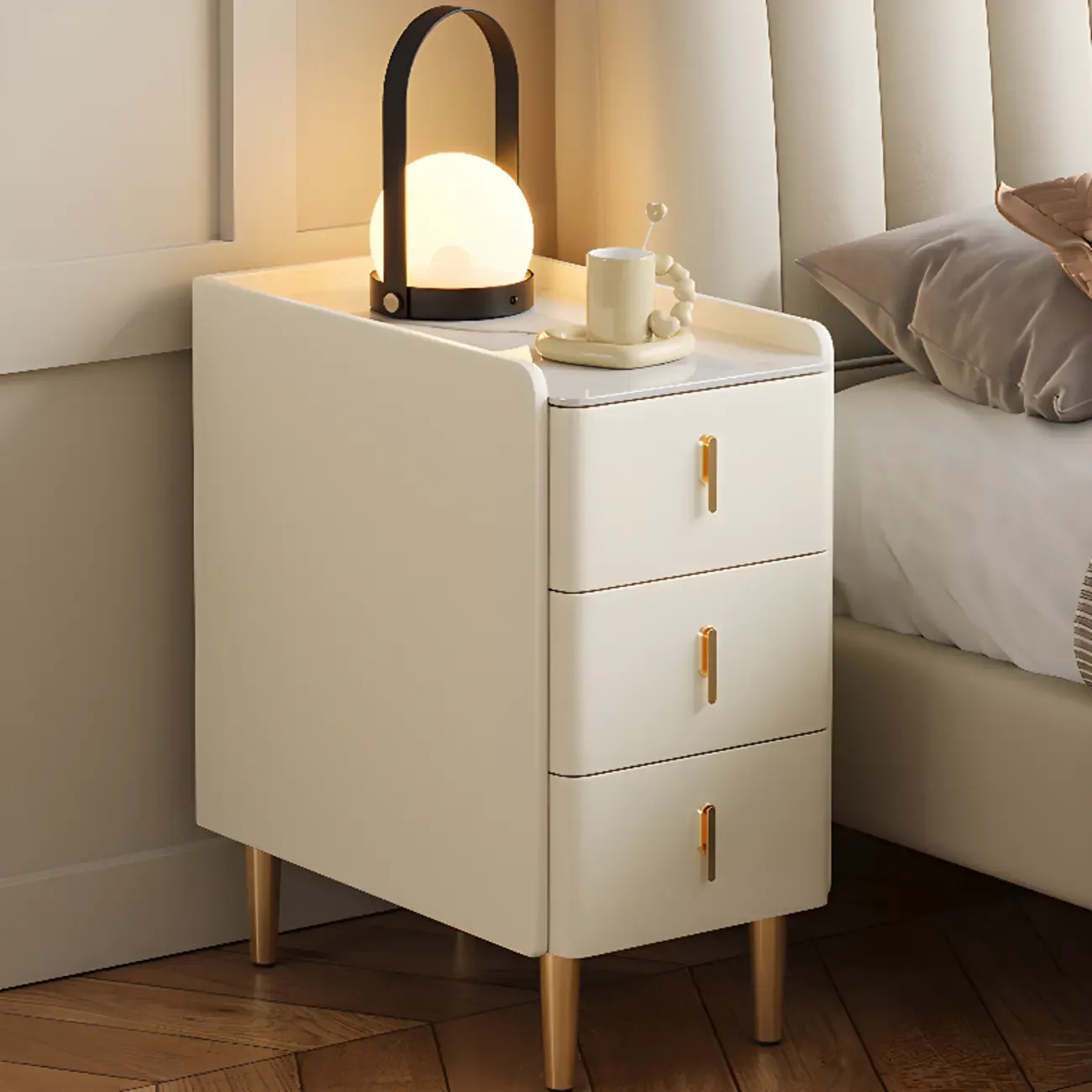 Glam Marble Top Wooden Cream 3 Drawers Nightstand