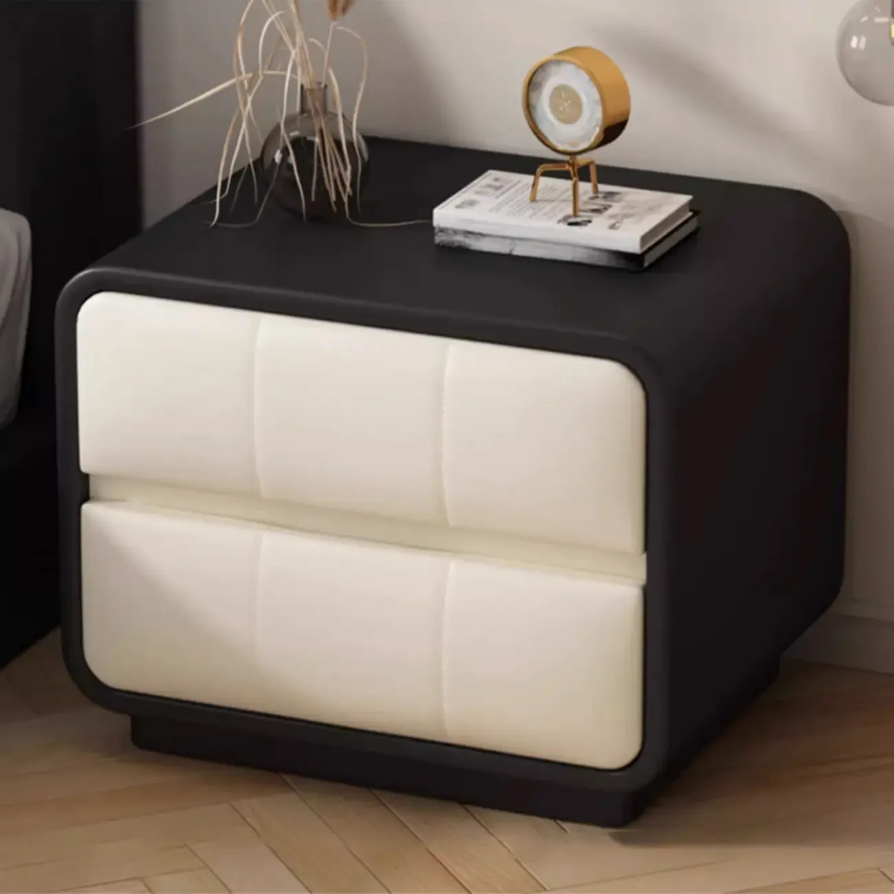 Modern Leather Wood Soft-Line 2 Drawer Nightstand