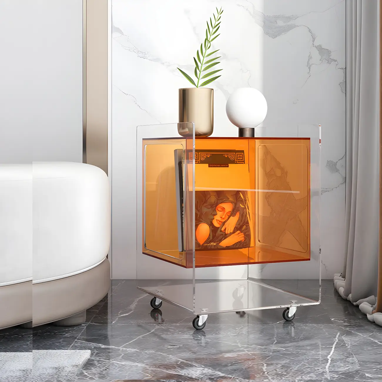 Modish Transparent Acrylic Nightstand with Open Shelf & Wheels