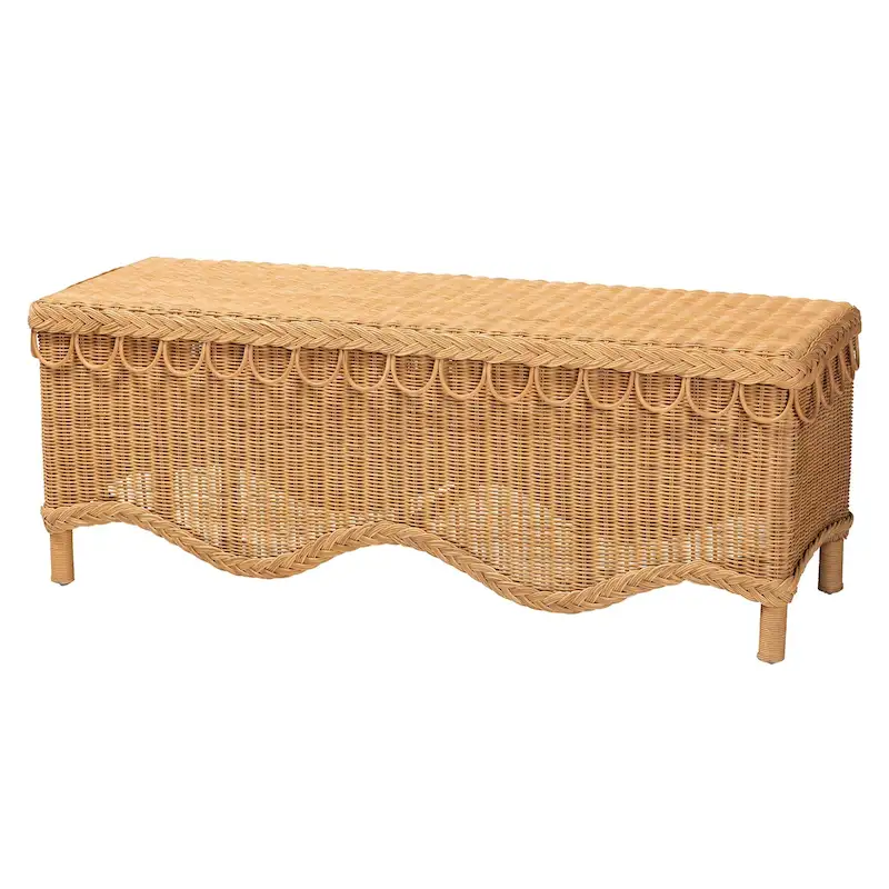 Erla Bohemian Light Honey Rattan Accent Bench with Scallop border