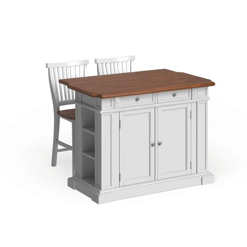 Homestyles Americana Distressed Off-White Oak Kitchen Island Set with Two Counter Stools