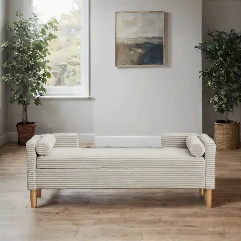 65.35 Corduroy Storage Bench with Armrests, Backrest and Two Pillows