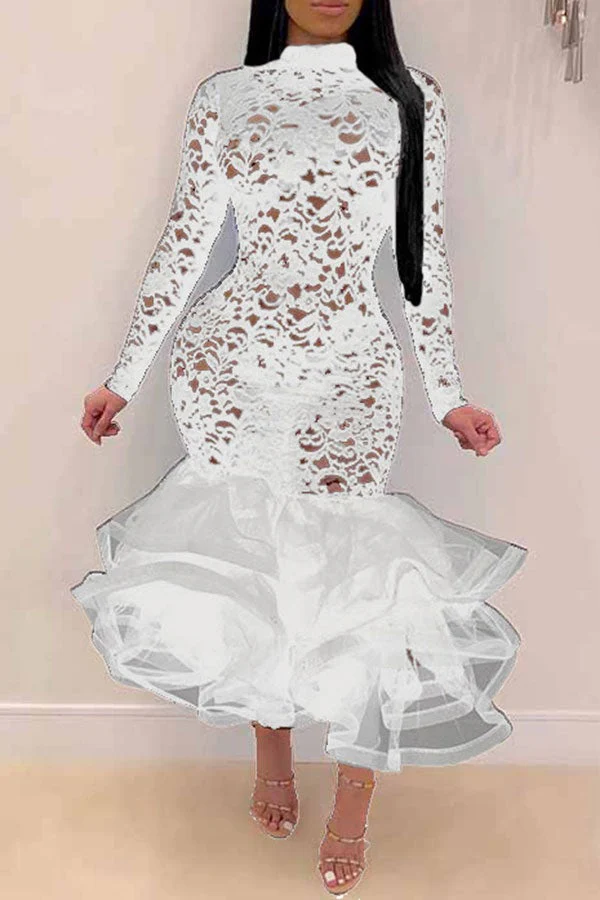 hulianfu Floral Lace Elegant See-Through Midi Dress - Deanwangkt