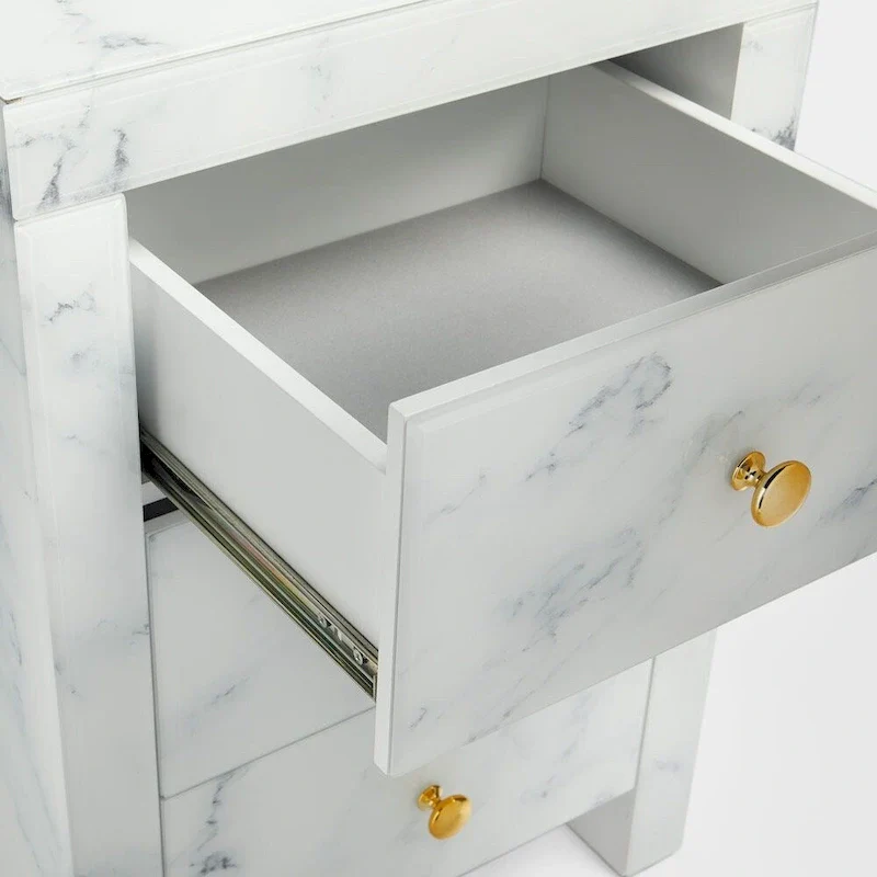 Modern marble NightstandTempered Glass Nightstand with 3 Drawers, Storage CabinetMinimalist Practical Sofa End Side Table