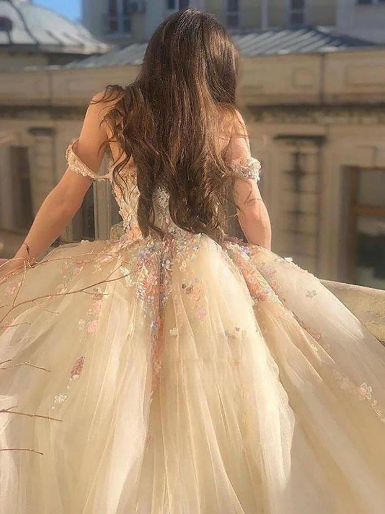 hulianfu  Fairy Ball Gown Princess Prom Dresses Off the Shoulder Sweetheart Floral Appliques Formal Party Dresses Tulle Long Evening Gowns - Deanwangkt