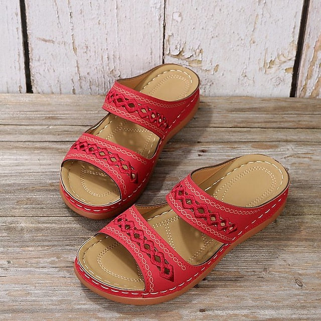 Women's Sandals Slippers Wedge Sandals Comfort Shoes Comfort Sandals Casual Daily Beach Summer Spring Cut Out Embroidery Wedge Heel Round Toe Casual Minimalism Synthetics Loafer Solid Colored Wine - Deanwangkt