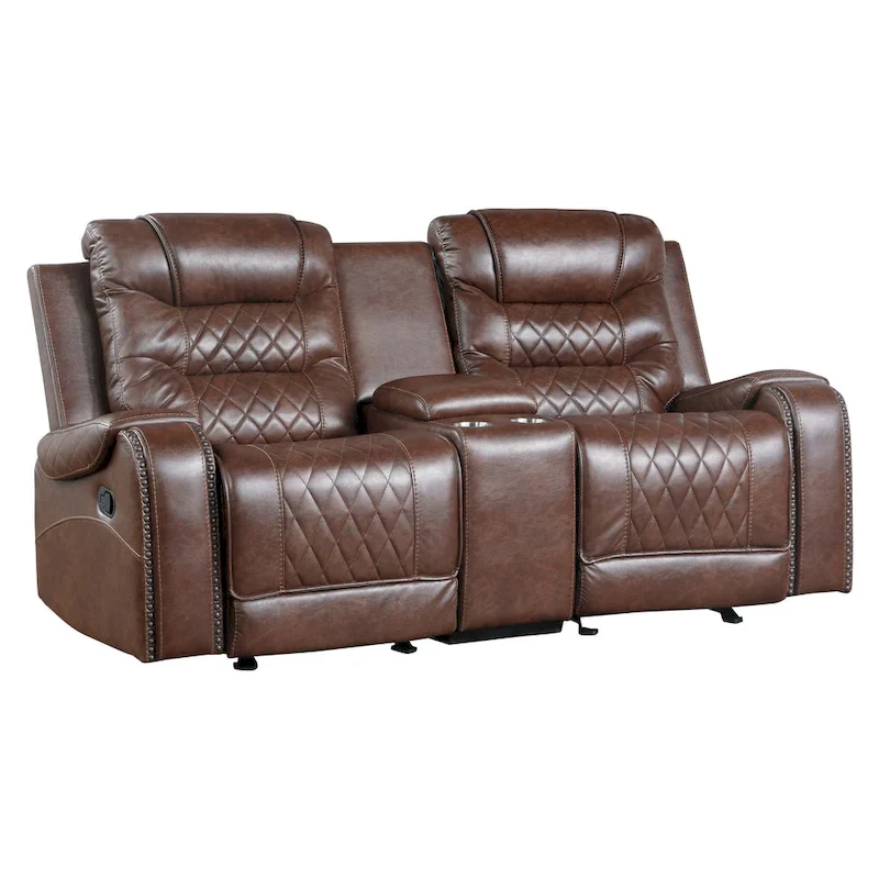 Paul 78 Inch Manual Recliner Loveseat, Cupholder Console Brown Faux Leather