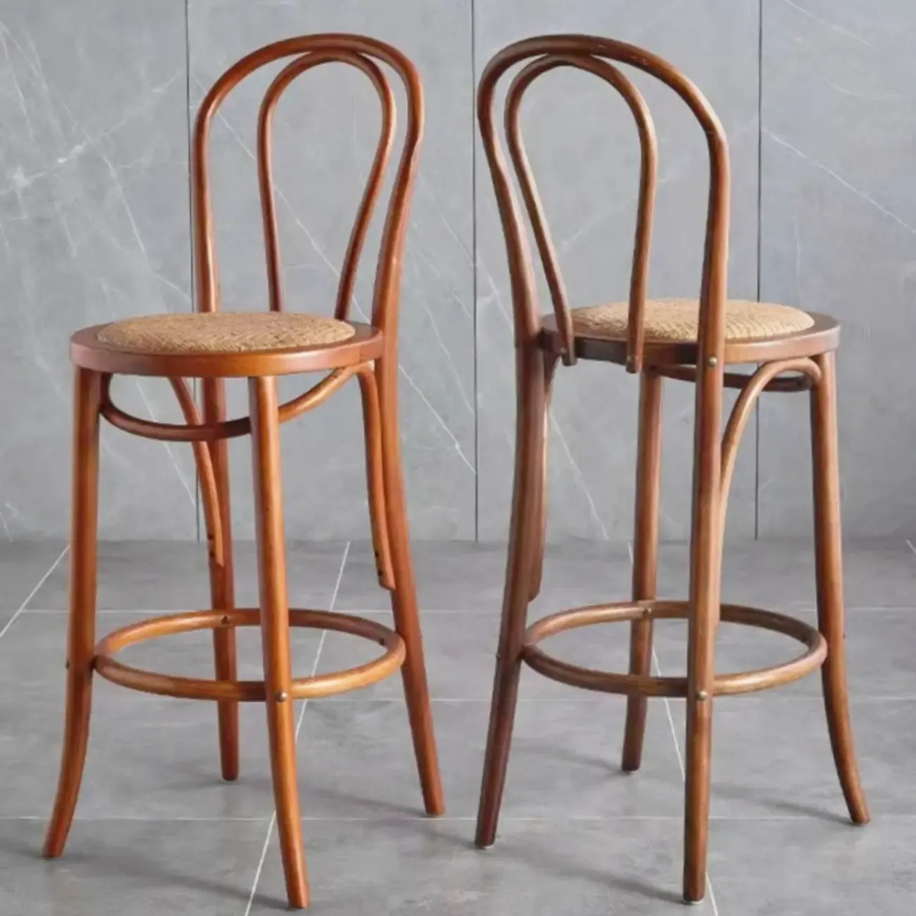 Walnut Beech Wood Leather Seat Bar Stools with Back
