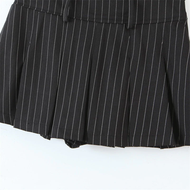 Hulianfu New Spring Summer Chic Vintage Preppy Style Striped High-Waist Pleated Mini Skirt Thin Hot Girl A-Line Skirt Women Fashion - Deanwangkt
