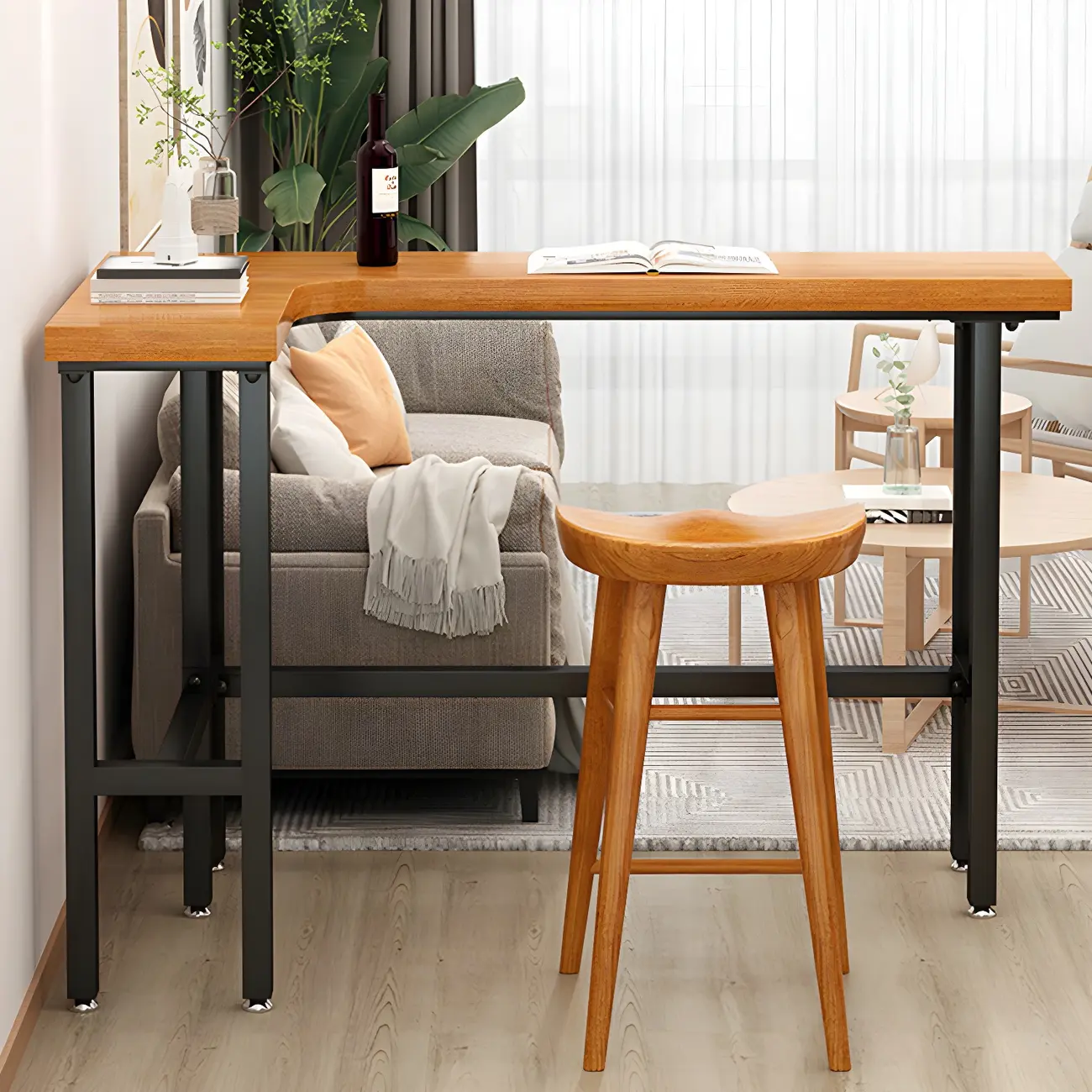 Modern L-Shape Natural Wood Metal Trestle Bar Tables