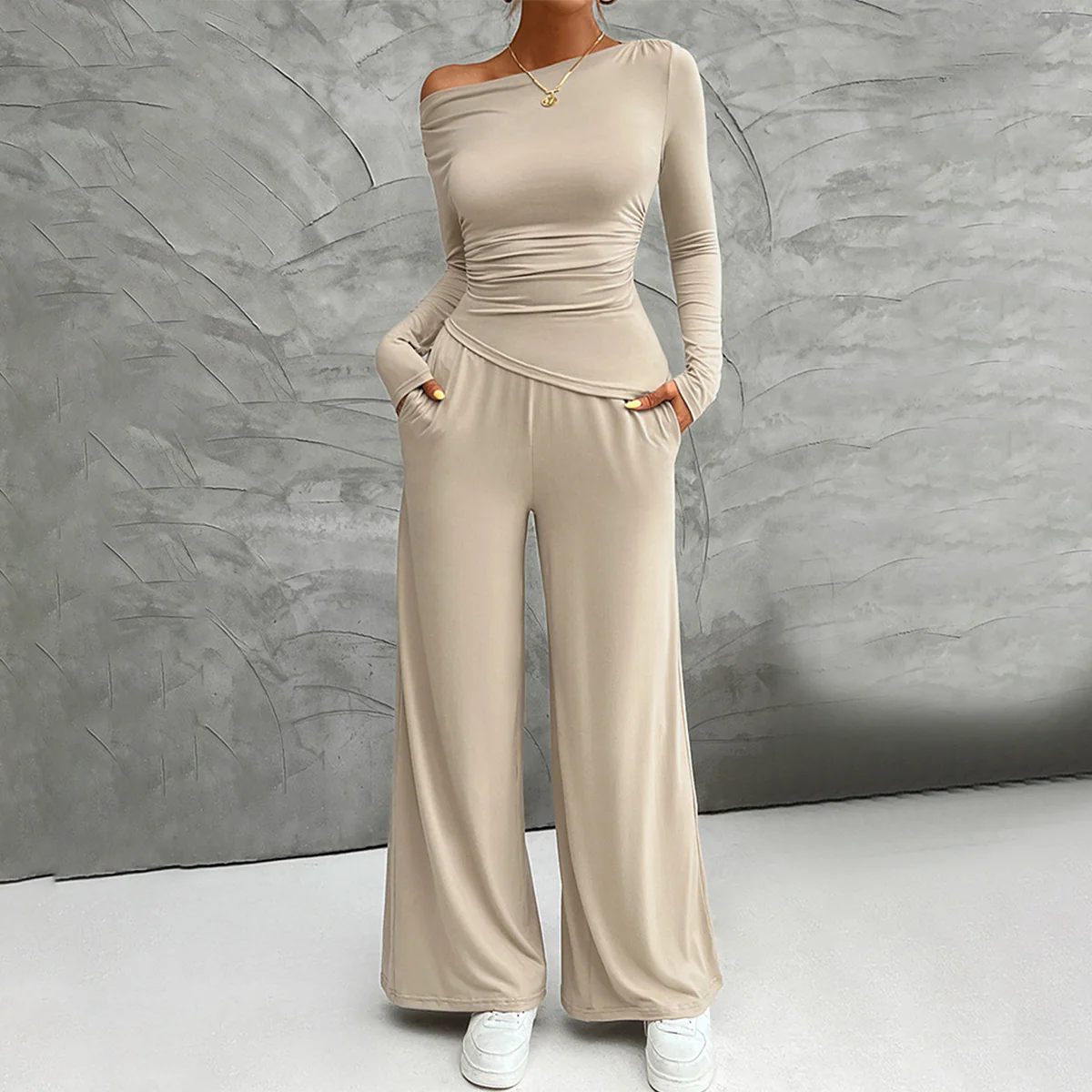 Unique Plain Side Pocket Long Sleeve Two Piece Set