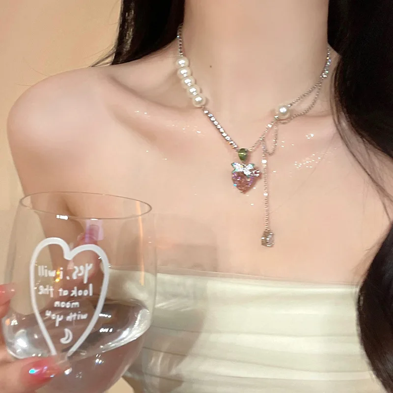 hulianfu Korean Sweet Pink Zircon Love Flowers Waterdrop Necklace For Women Girls Pearl Chain Collar Collarbone Wedding Party - Deanwangkt