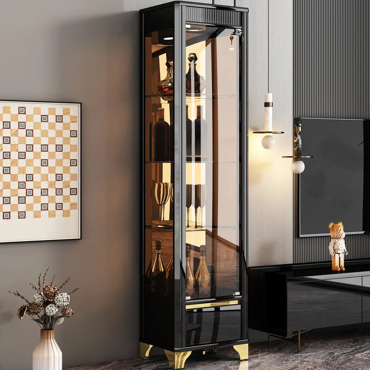 Elegant Black Gold Legs Glass Display Cabinet