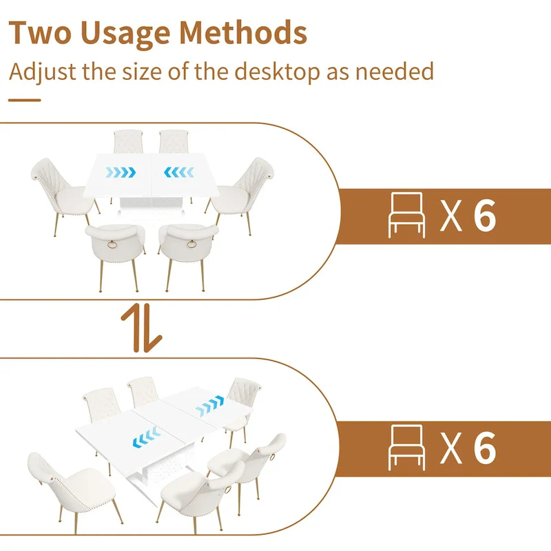 7-Piece Clihome High-gloss Extendable Table Velvet Chair Dining Set