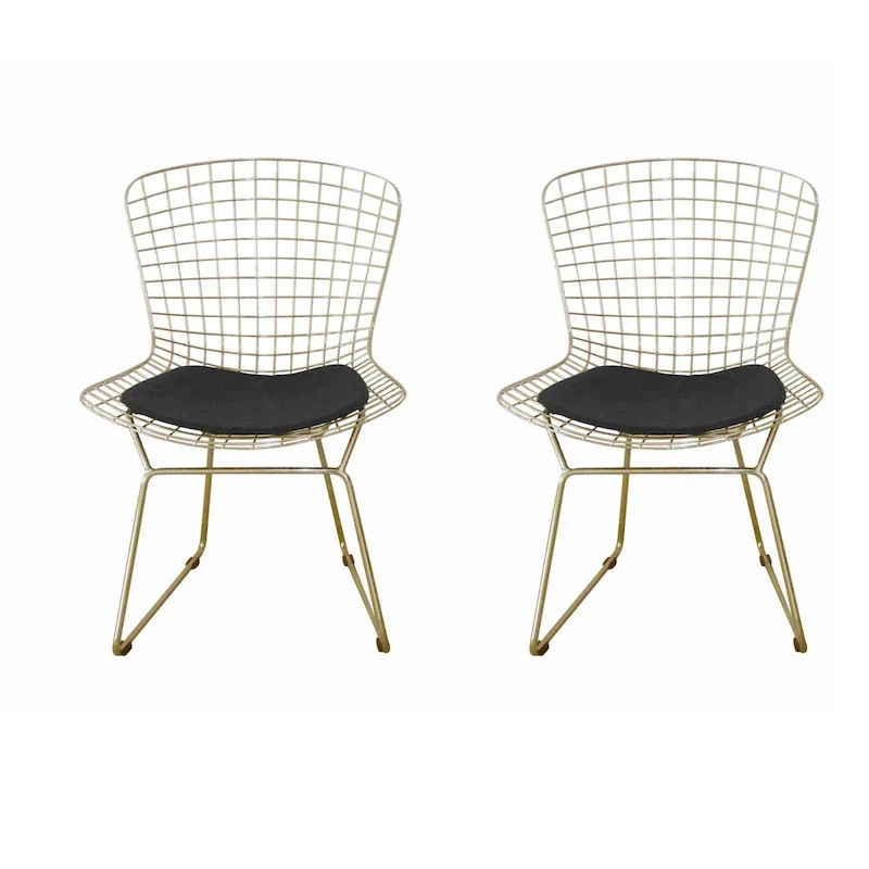 Hely 23 Inch Dining Chair Set of 2, 4 Cushions, Metal Cage Frame, Gold