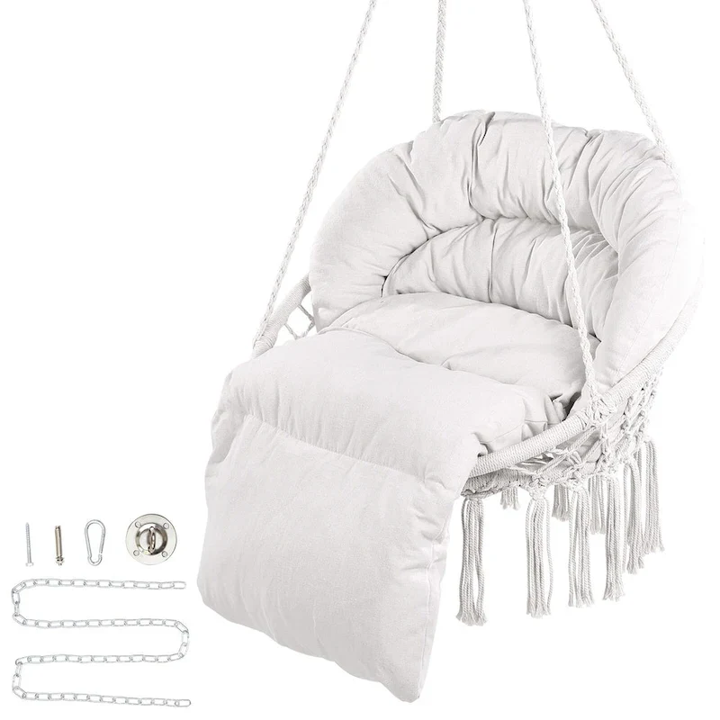Hanging Hammock Swing Chair, Macram Hanging Chair with Cushion and Mounting Hardware, Cotton Rope Swing Chair