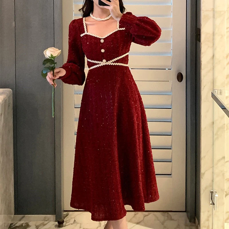 Hulianfu Vintage Button Dresses for Women Fairy Midi Party Dress Evening Office Lady Design One Piece Dress Elegant Korean Spring - Deanwangkt
