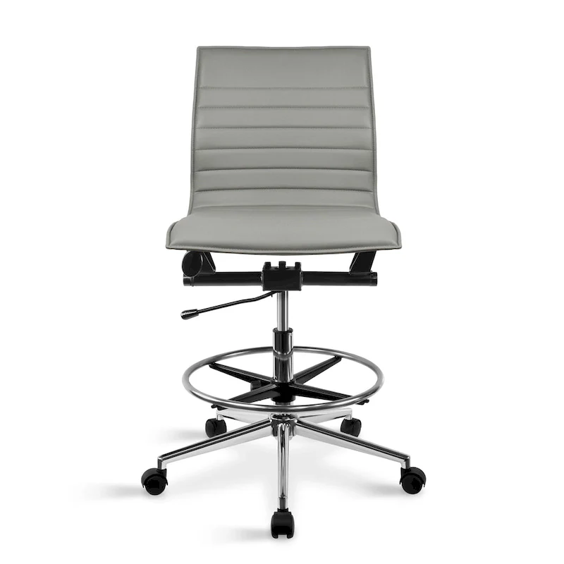 Modern Drafting Chair Upholstered PU Leather Ribbed Armless Mid Back with Tall Adjustable Base & Leg Rest