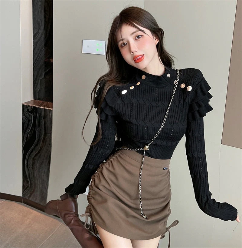 Hulianfu Full Sleeve Turtleneck Buttons Sweater Jumpers Girls Stretchy Chic Ruffles Autumn Spring Sweaters Pullovers Tops Women - Deanwangkt