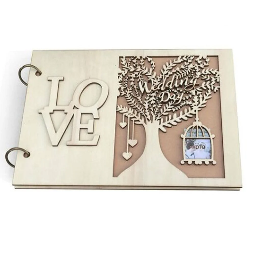 HULIANFU Wedding Guest Book Wooden Heart Hollow Engagement Guestbook Name Sign Board 20 Inside Pages Log Color Good-Looking Appearance - Deanwangkt