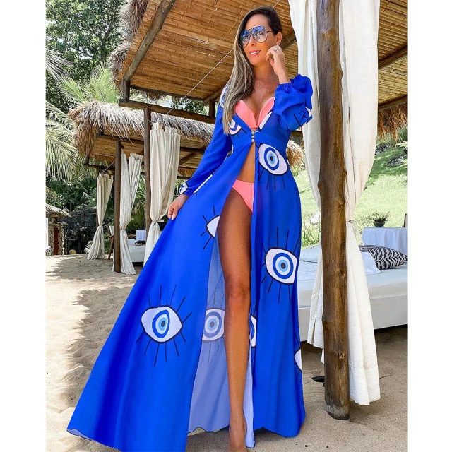 Leaves Print Bikini Beach Cover up Tunics for Beach Long Kaftan Bikini Cover up Robe de Plage Sarong Beach Swimsuit cover-ups - Deanwangkt