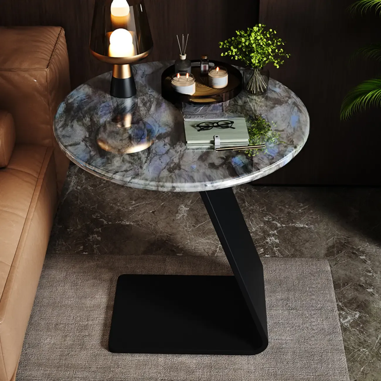 Black C-shaped Round Marble Top Living Room Side Table