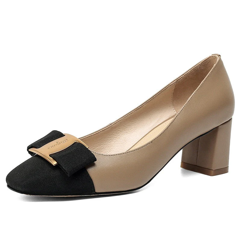 New Temperament Elegant Fashion High-heeled Shoes Women's Shoes Spring Bow Mid-heel Leather All-match Thick-heeled Shoes - Deanwangkt