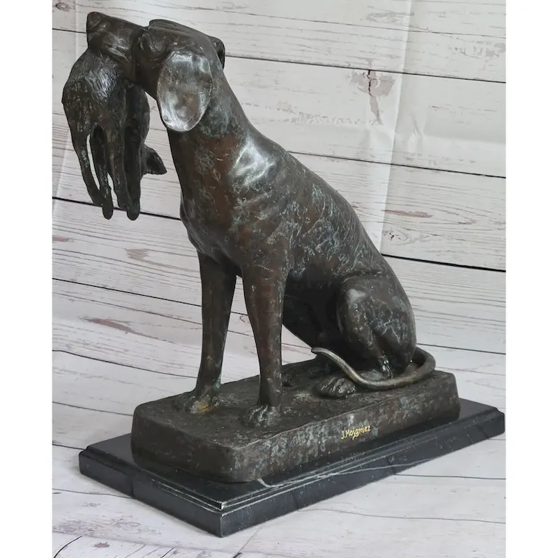 Hunting Dog Retriever W/ Imitative Rabbit In Mouth Bronze Statue Sculpture Figure 16 Inches X 16 Inches