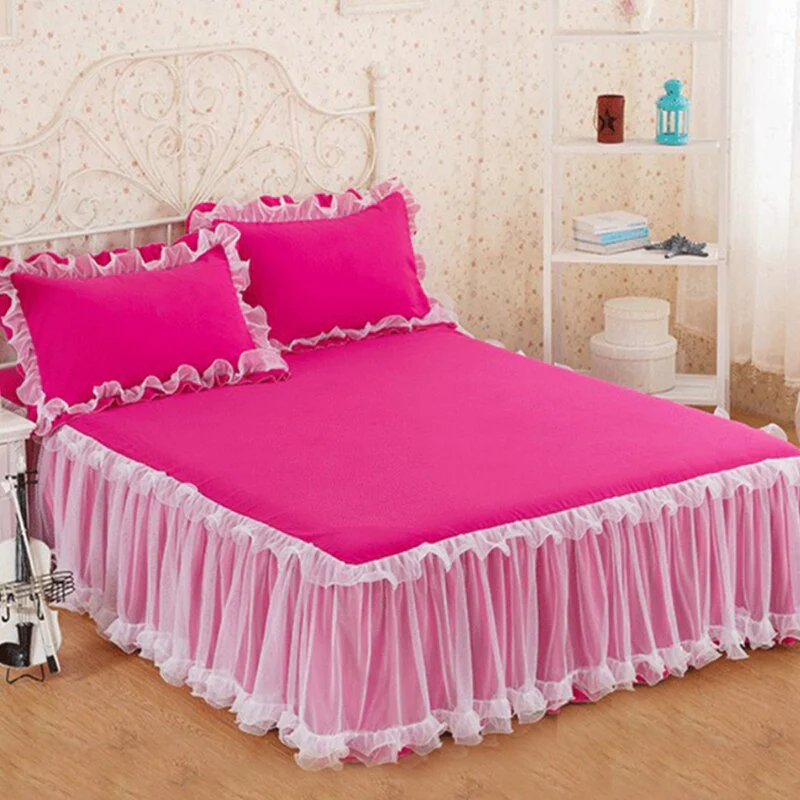 HULIANFU Pink Lace Lotus Leaf Lace Bed Skirts Princess Style Solid Color Bedspread Bed Cover Non-Slip Sheets Without Pillowcase - Deanwangkt